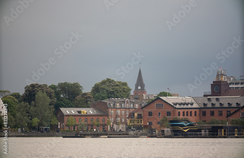 City skyline of Aalborg Denmark, with a cathredal tower in the background