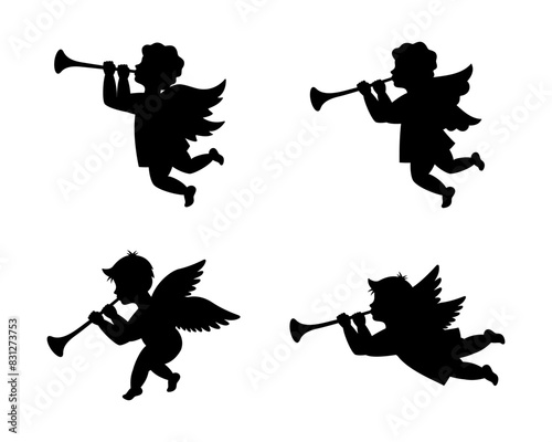 Cherubs blowing into a tubes. Herald angels blowing trumpets. Angel with a wings. Vector illustration.