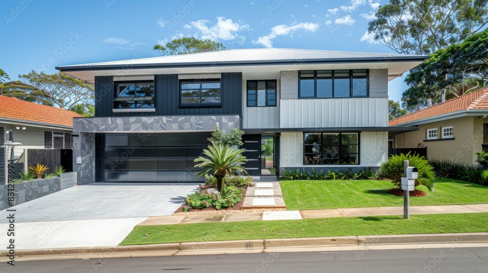 Modern two-story house with black and white facade, minimalist style, front view at dusk, illuminated windows, courtyard garden with trees and flowers, modern architecture.