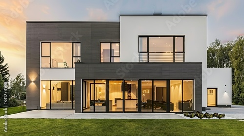 Modern two-story house with black and white facade, minimalist style, front view at dusk, illuminated windows, courtyard garden with trees and flowers, modern architecture. © Светлана Канунникова