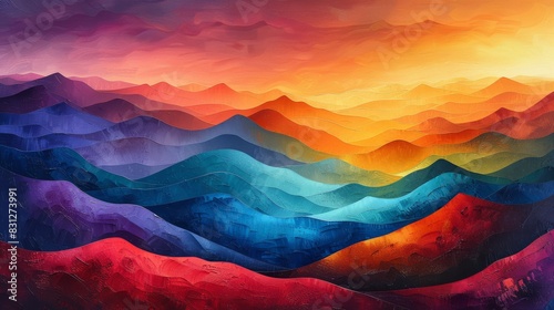 Vibrant digital artwork of colorful mountain landscape