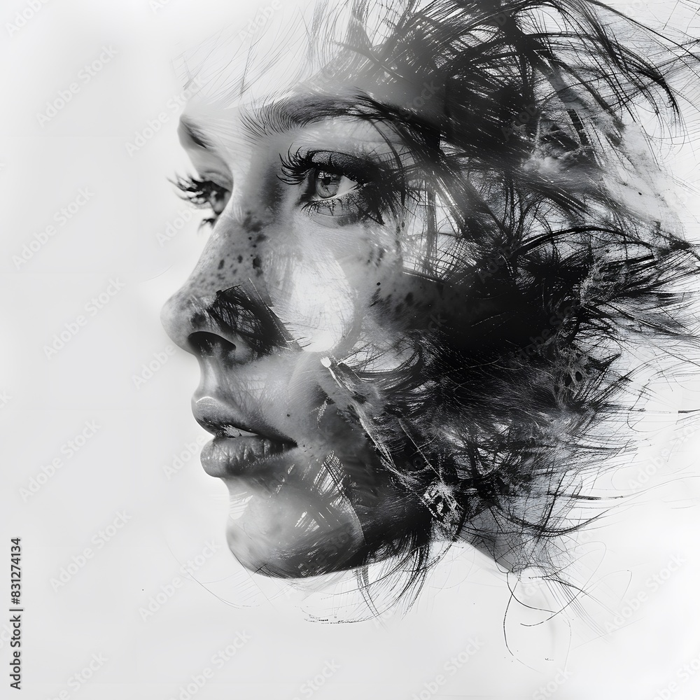 A surreal, double-exposure artwork of a woman's face merging with abstract, organic textures and lines, creating a hauntingly beautiful effect. A surreal, double-exposure artwork of a woman's face merging with abstract, organic textures and lines, creating a hauntingly beautiful effect.