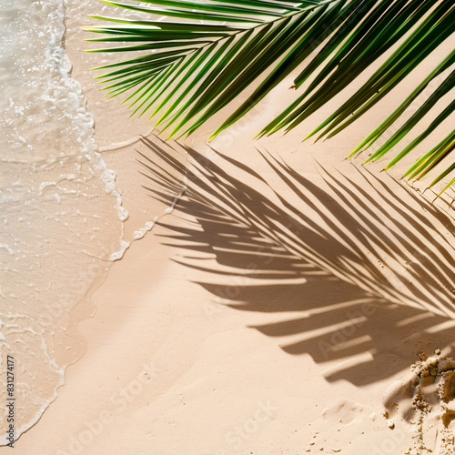 Beautiful abstract concept banner featuring the top view of a palm leafs shadow on the sandy beach, symbolizing an idyllic summer getaway