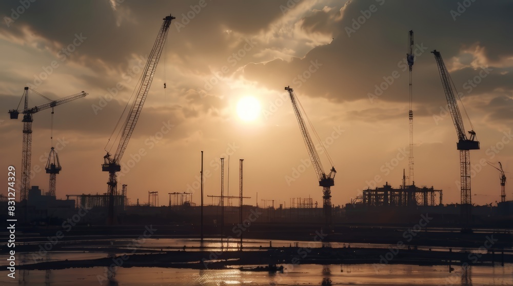 Urban Construction Landscape, Ideal for architectural firms, construction companies, and real estate agencies. Background depicts modern buildings and construction cranes against the urban sky. Silhou Urban Construction Landscape, Ideal for architectural firms, construction companies, and real estate agencies. Background depicts modern buildings and construction cranes against the urban sky. Silhou