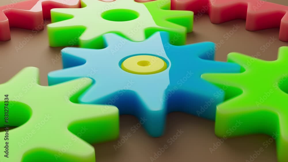 Looping 3D animation of a group of multi-colored plastic toy gears. Looped movement. Close-up Looping 3D animation of a group of multi-colored plastic toy gears. Looped movement. Close-up