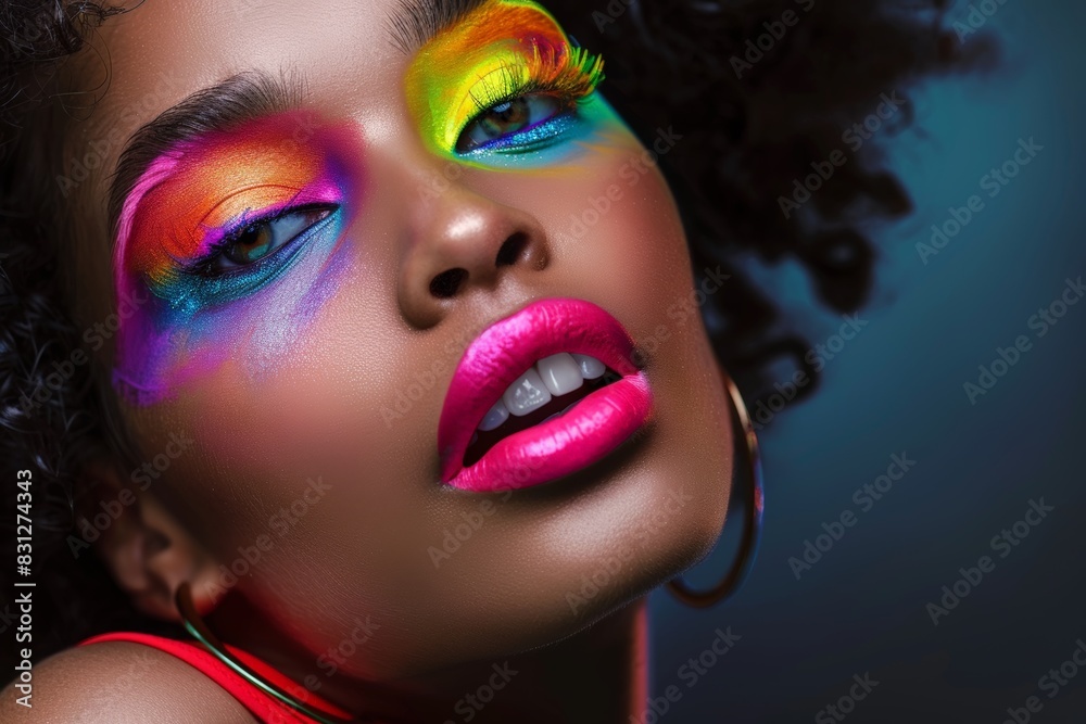 A woman with colorful makeup on her face A woman with colorful makeup on her face