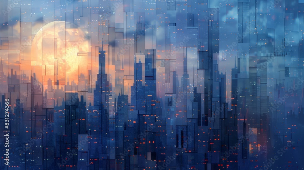 A cityscape with tall buildings and a cloudy sky