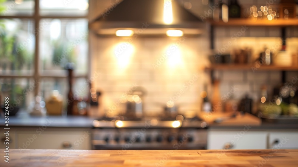 A contemporary kitchen features a wooden countertop and open shelves stocked with kitchenware, bathed in morning sunlight. A contemporary kitchen features a wooden countertop and open shelves stocked with kitchenware, bathed in morning sunlight.