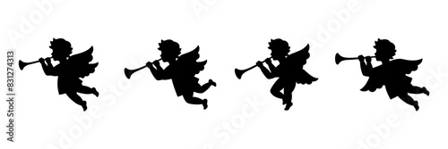 Cherub set. Herald angel blowing trumpet. Angel with a wings. Vector illustration.