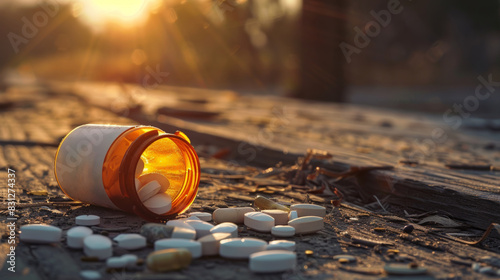 A bottle of pills is on a wooden table with pills scattered around it