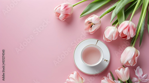Table setting with greeting card for Mother's day and tulips on pink background