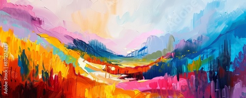 Colorful abstract art depicting a lively landscape on canvas with expressive brushstrokes photo