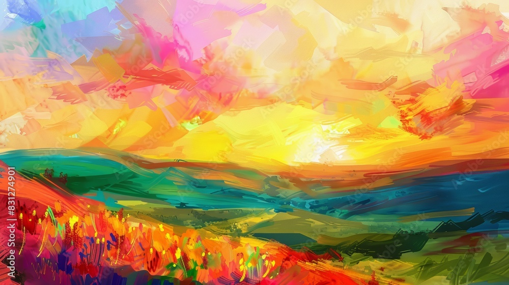 Digital art depicting a vibrant, abstract landscape with dynamic brush strokes