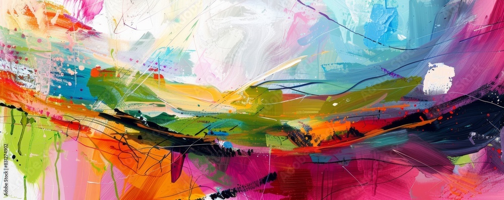Colorful abstract painting with dynamic brush strokes and splashes of paint