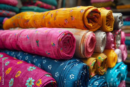 Bright and colorful fabric rolls neatly arranged in a fashionable sewing atelier, ready for creating stylish clothes © Kmikhidov