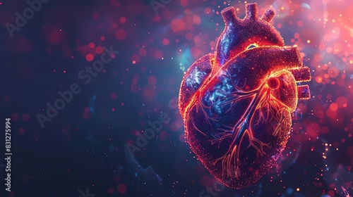 Detailed 3D rendering of a human heart with glowing veins and arteries, set against a vibrant background with bokeh effects. photo