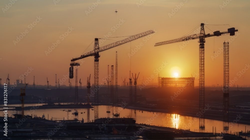 Urban Construction Landscape, Ideal for architectural firms, construction companies, and real estate agencies. Background depicts modern buildings and construction cranes against the urban sky. Silhou