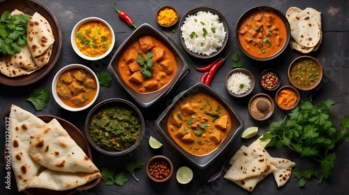 Assorted various Indian food on a dark rustic background. Traditional Indian dishes Chicken tikka masala, palak paneer, saffron rice, lentil soup, pita bread and spices. Square photo.Top view photo