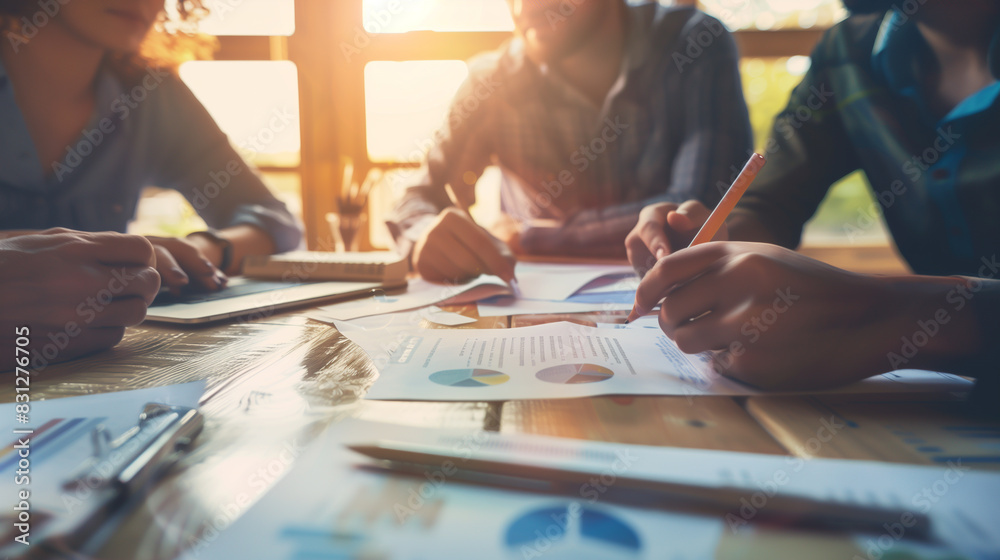 A team collaborates around a table filled with charts and documents, engaging in a productive brainstorming session under warm sunlight. A team collaborates around a table filled with charts and documents, engaging in a productive brainstorming session under warm sunlight.