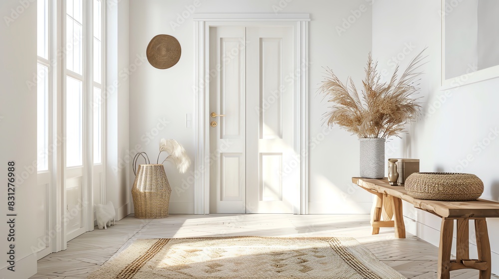 Scandinavian entryway with white walls, clean lines, natural light, and simple decor Scandinavian entryway with white walls, clean lines, natural light, and simple decor