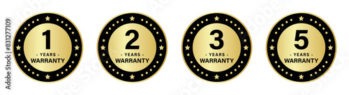 1, 2, 3 and 5 years warranty stamp with stars in circle for product quality assurance in golden color. 1, 2, 3, and 5-year warranty label or seal flat icon in gold and black color Vector Illustration.