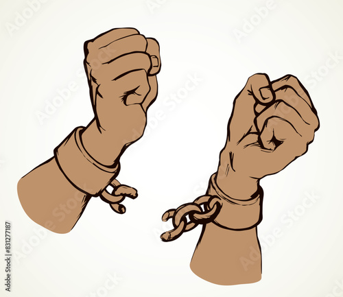Hands tearing shackles. Vector drawing