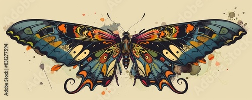 Artistic rendition of a butterfly with vibrant, vintage-style color palette and patterns