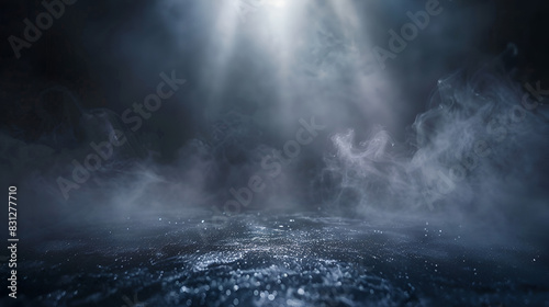 abstract dark concentrate floor scene with mist or fog, spotlight, glitter for display photo