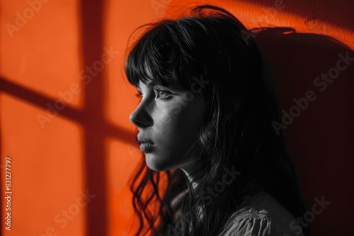 Portrait of a girl looking away in a solid color background, AI generated