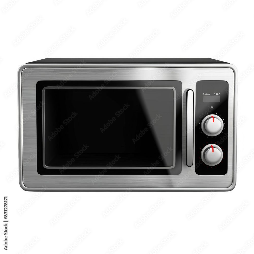 A silver microwave oven with a black door and a control panel with two knobs and a digital display. A silver microwave oven with a black door and a control panel with two knobs and a digital display.