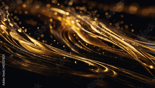 Elegant golden wave with bokeh swirl on black background, symbolizing fluid data transfer tech.