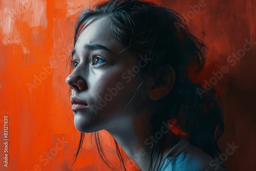Portrait of a girl looking away in a solid color background, AI generated
