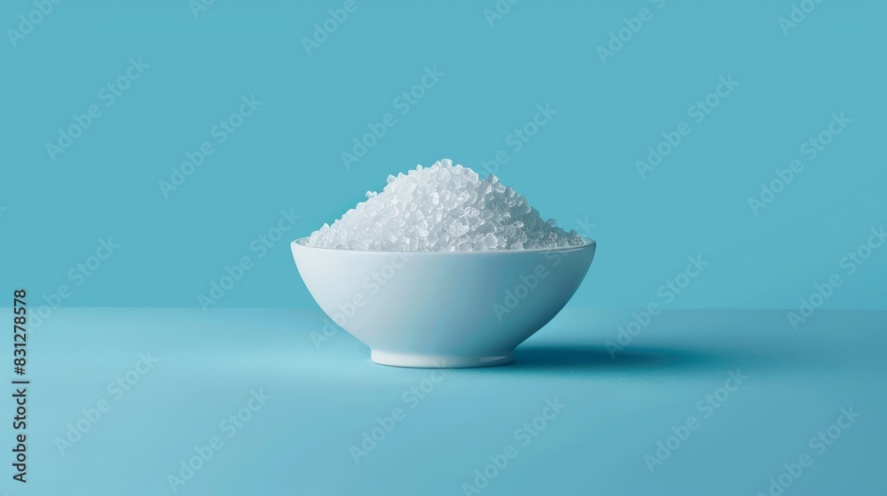 White bowl filled with sugar substitute crystals on a light blue background. Ideal for low-calorie and sugar-free diets