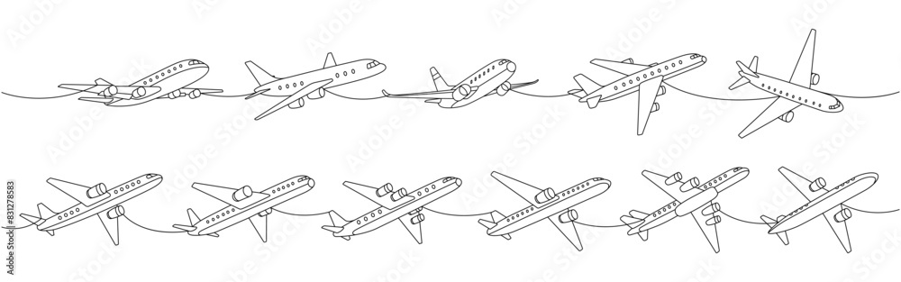Set of airplanes. Air transport one line continuous drawing. Passenger airplanes continuous one line illustration. Vector minimalist illustration Set of airplanes. Air transport one line continuous drawing. Passenger airplanes continuous one line illustration. Vector minimalist illustration