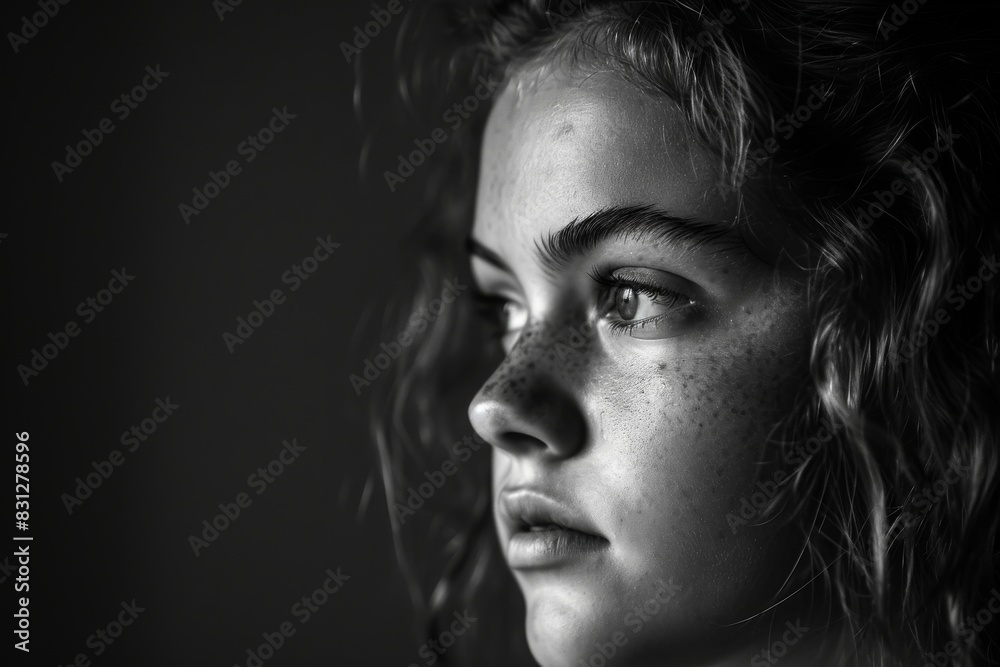 Portrait of a girl looking away in a solid color background, AI generated Portrait of a girl looking away in a solid color background, AI generated
