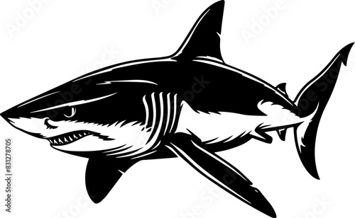 Graphical angry shark isolated on white,vector tattoo illustration. AI generated illustration.