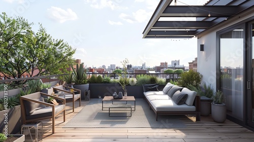 Scandinavian terrace with clean lines, comfortable seating, wooden decking, and potted plants