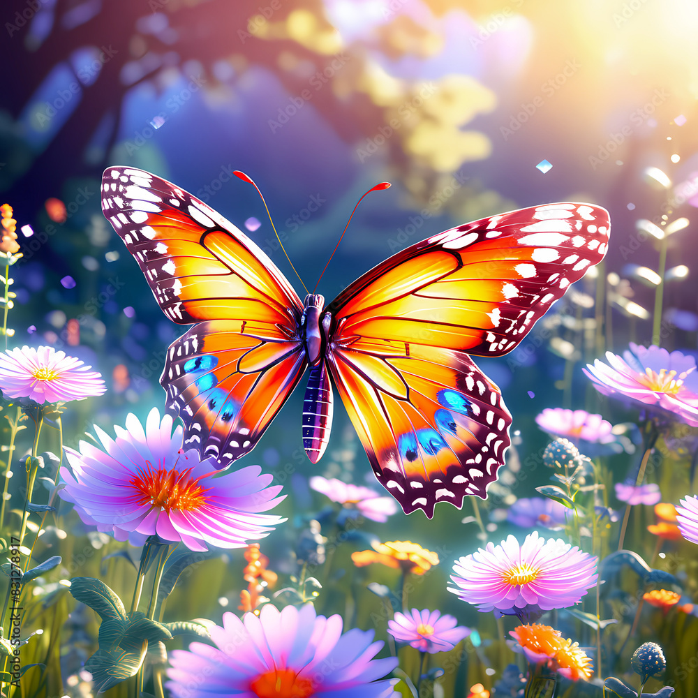 magical glowing butterfly with wide translucent wings in wildflowers 