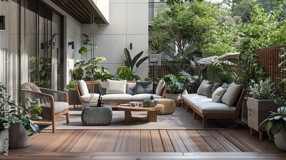Fototapeta premium Scandinavian terrace with clean lines, comfortable seating, wooden decking, and potted plants