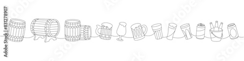Beer set one line continuous drawing. Old wooden barrels, cans, glasses, mugs continuous one line illustration. Vector linear illustration.