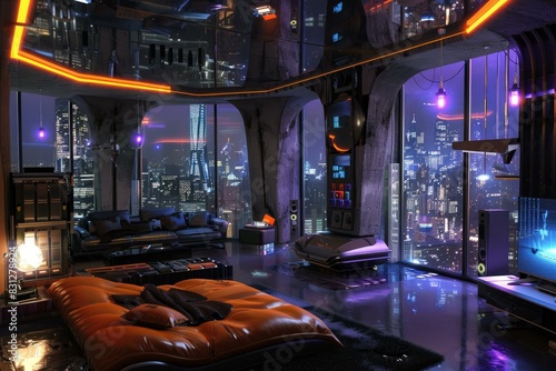 Modern  cyberpunkthemed living space with neon lighting and panoramic city views