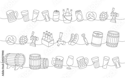 Set of brewery one line continuous drawing. Wooden barrels, cans, glasses, mugs, metal keg, bottle opener, sausages, tap, hop cone.