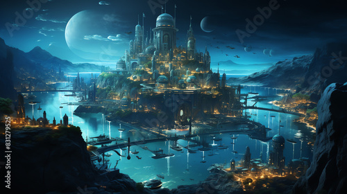 A fantasy city built on a series of islands and connected by bridges. The city is surrounded by a large body of water and has a large moon in the background. © Awais
