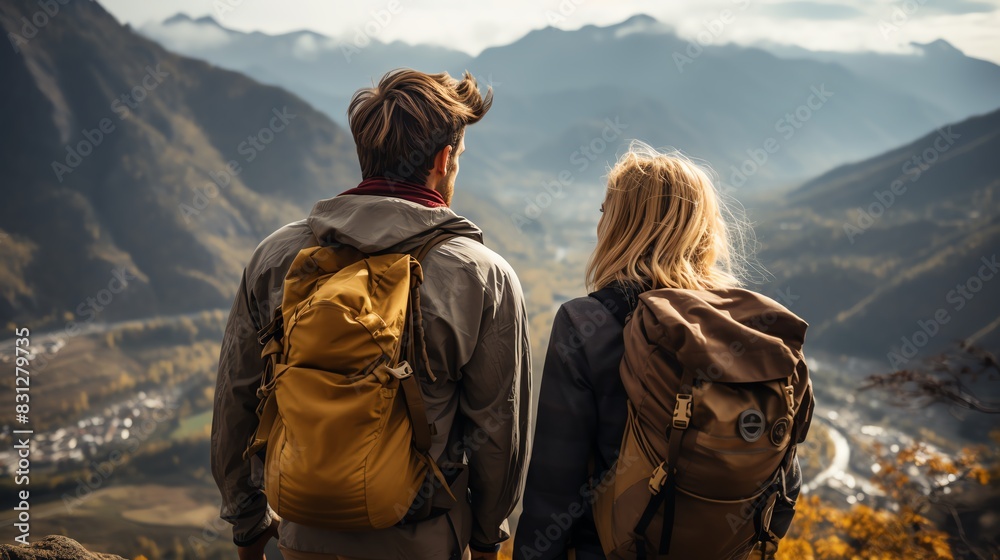 A couple with backpacks enjoys a panoramic mountain view, showcasing the beauty of nature and adventure in a serene landscape.