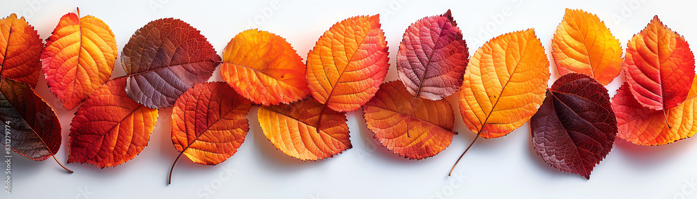 A beautiful arrangement of autumn leaves in various shades of red, orange, and yellow, set against a crisp white background. A beautiful arrangement of autumn leaves in various shades of red, orange, and yellow, set against a crisp white background.