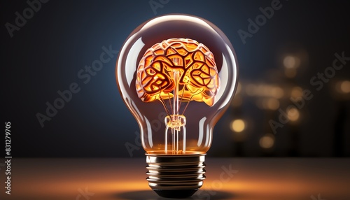 A glowing light bulb with a brain inside, symbolizing an idea or creativity on a dark background with soft bokeh lights.