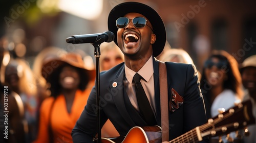 A joyful musician in sunglasses and a hat sings and plays guitar outdoors, surrounded by an enthusiastic crowd. photo