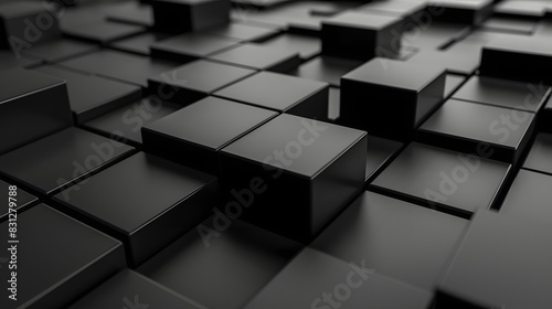 Black mosaic background. Random cubes backdrop. geometric illustration. Square shapes patterns. Architectural abstraction. Interior concept. Business or corporate decoration