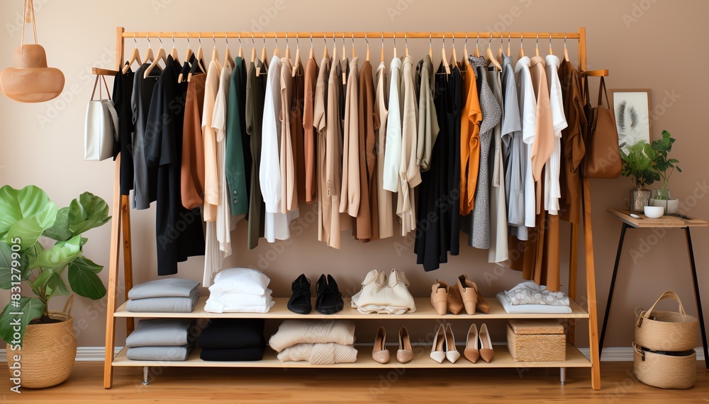 A well-organized minimalist wardrobe with neutral and earth-toned clothes neatly hung on a rack, accompanied by shoes and other accessories.