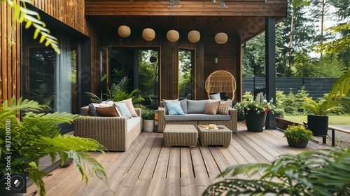 Scandinavian terrace with wooden elements, minimalist design, cozy seating, and green plants